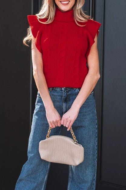 Cable Knit Turtleneck Ruffled Short Sleeve Sweater