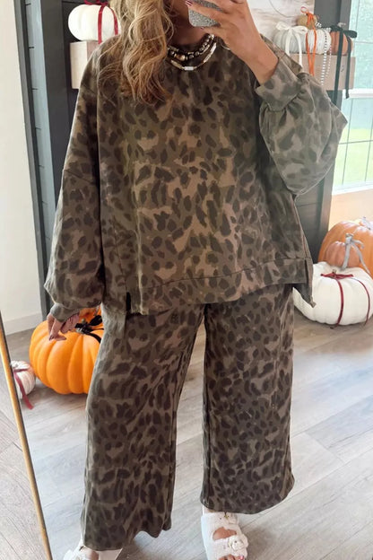 Leopard Print Long Sleeve Top and Pants Set