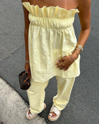 Yellow cotton and linen ruffled chest wrap two-piece set