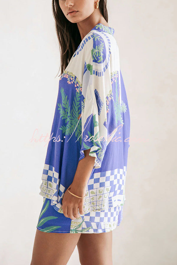 Ensemble chemise ample à imprimé unique et jupe portefeuille à lacets à taille élastique « Balmy Summer Nights »