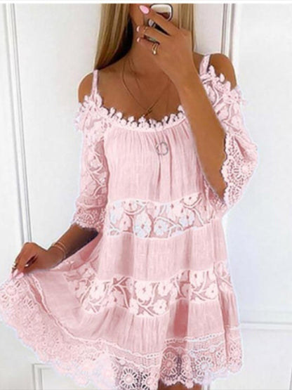 Full Size Bohemian Lace Cold Shoulder Mini Dress Plus Size