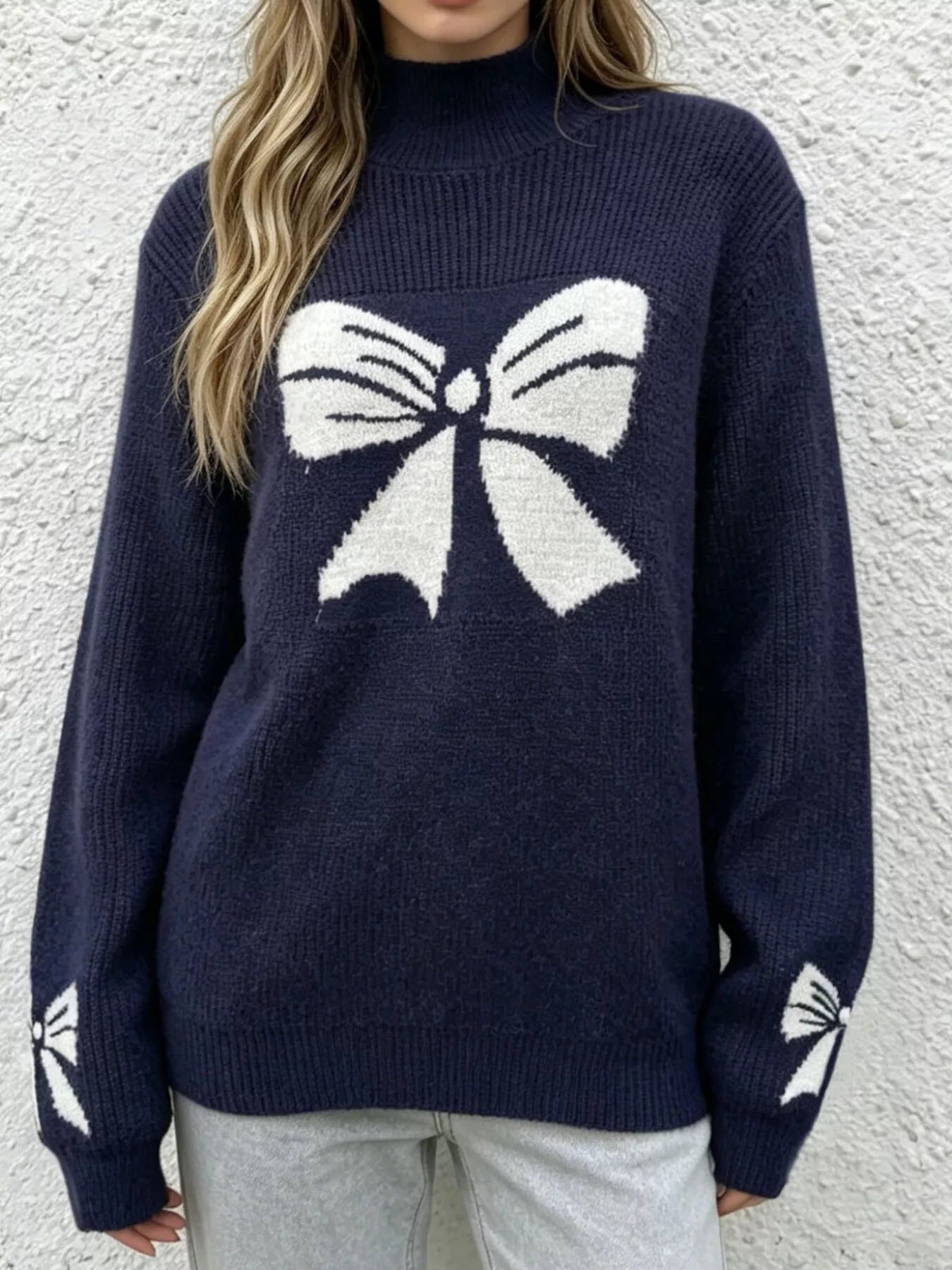 Bowknot Pattern Mock Neck Sweater