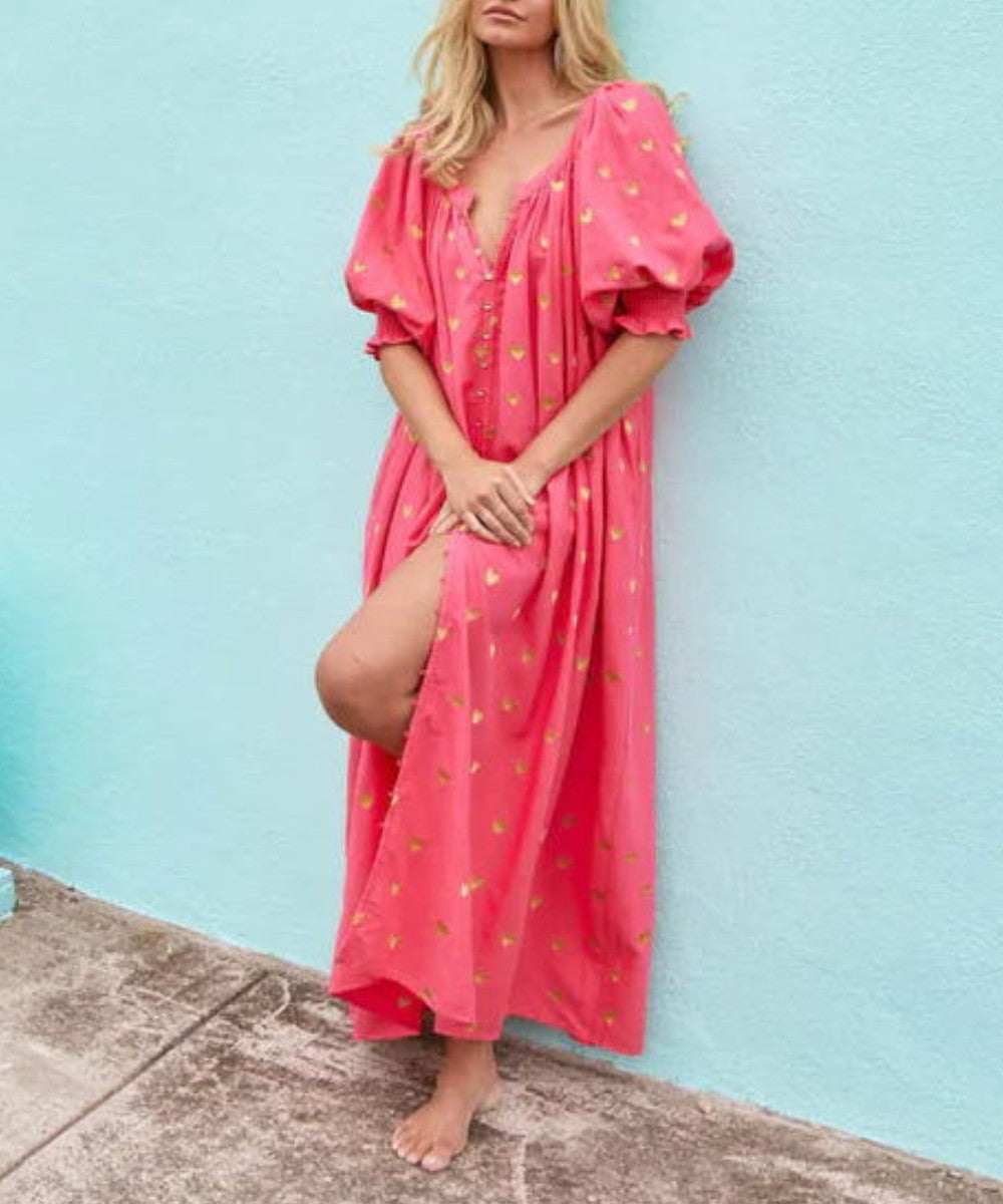 Golden Love Bubble Sleeves Maxi Dress