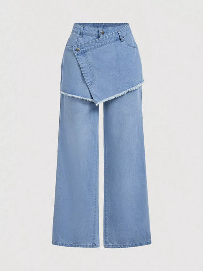 Asymmetric Raw Hem Wide-Leg Jeans