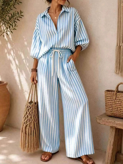 : Plus Size Striped Puff Sleeve Shirt & Wide-Leg Pants Set