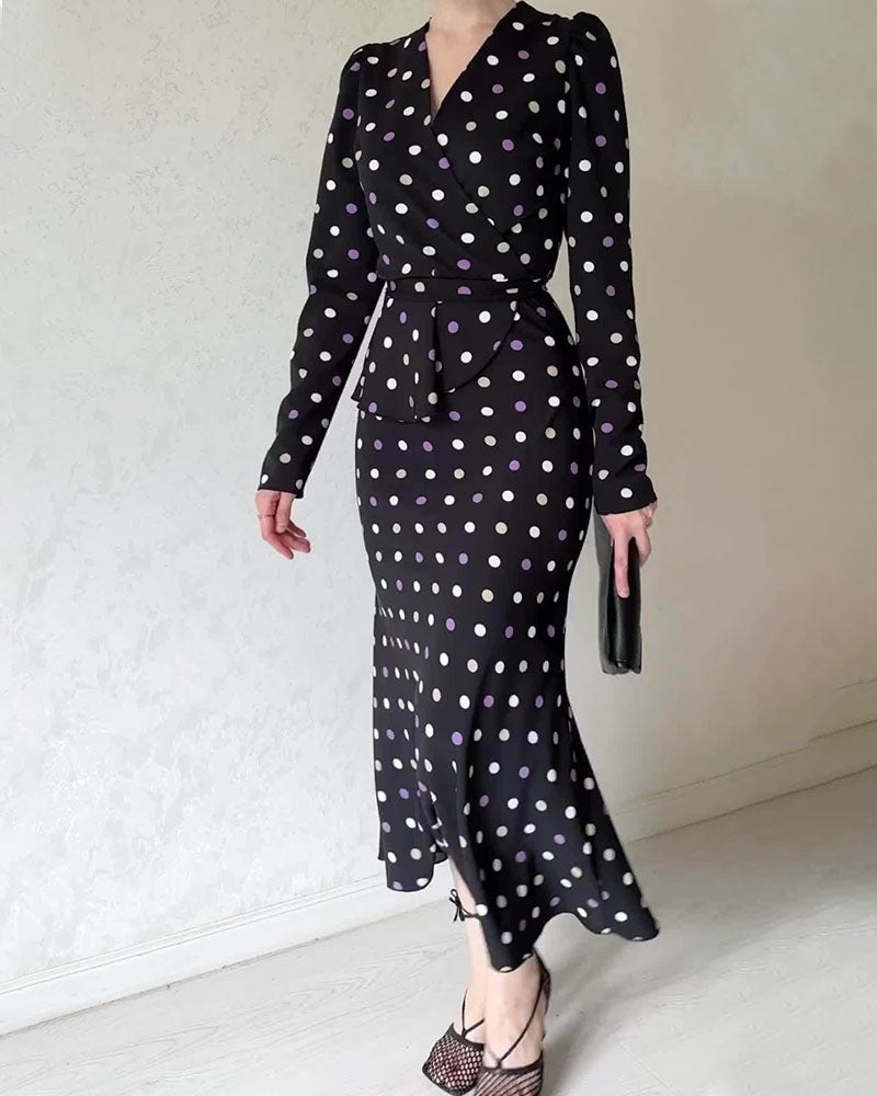 French polka dot V-neck tie waist dress