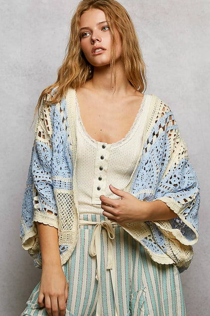 POL Open Front Crochet Cardigan with Scalloped Edge