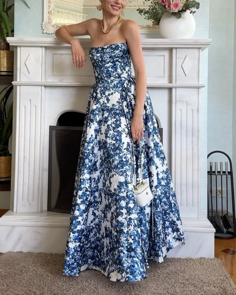 Elegant Strapless Printed String Dress