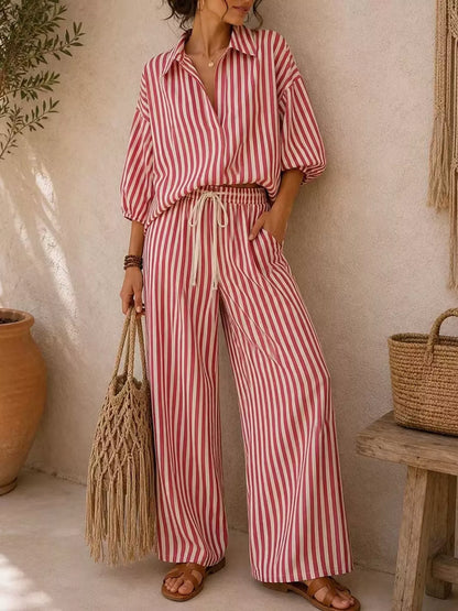 : Plus Size Striped Puff Sleeve Shirt & Wide-Leg Pants Set