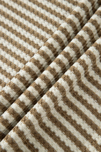 Brown Stripe Breathable Textured Knit Short 2pcs Set