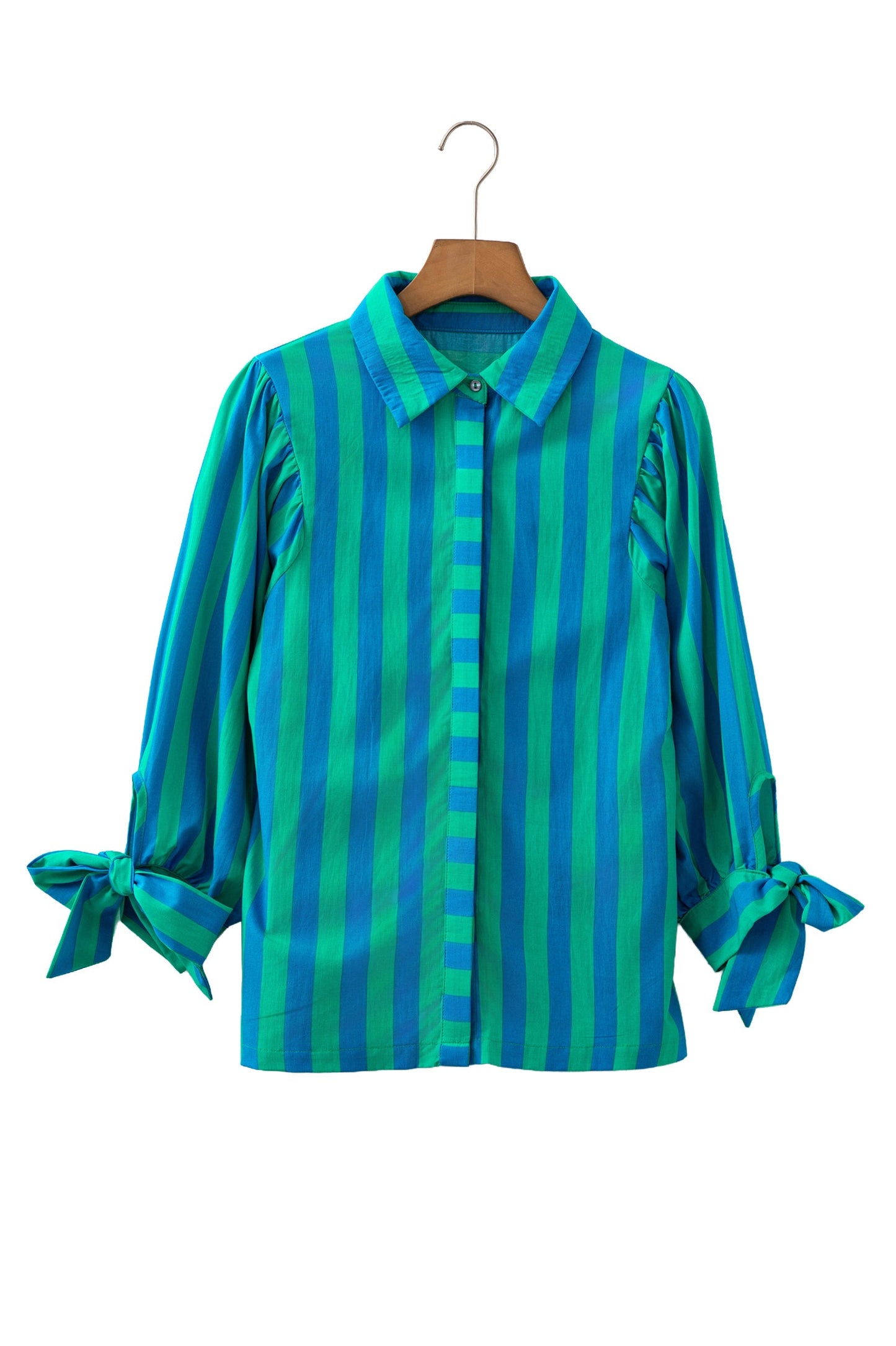 Blue Stripe Tie Puff Sleeve Womens Button Down Shirt