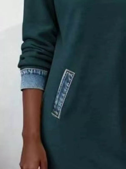 Full Size Denim Patchwork Hooded Sweatshirt Dress Plus Size