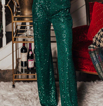 Drawstring Mid Waist Glitter Sequin Pants
