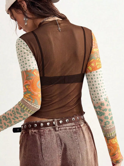Floral Print Mesh Mock Neck Long Sleeve Top