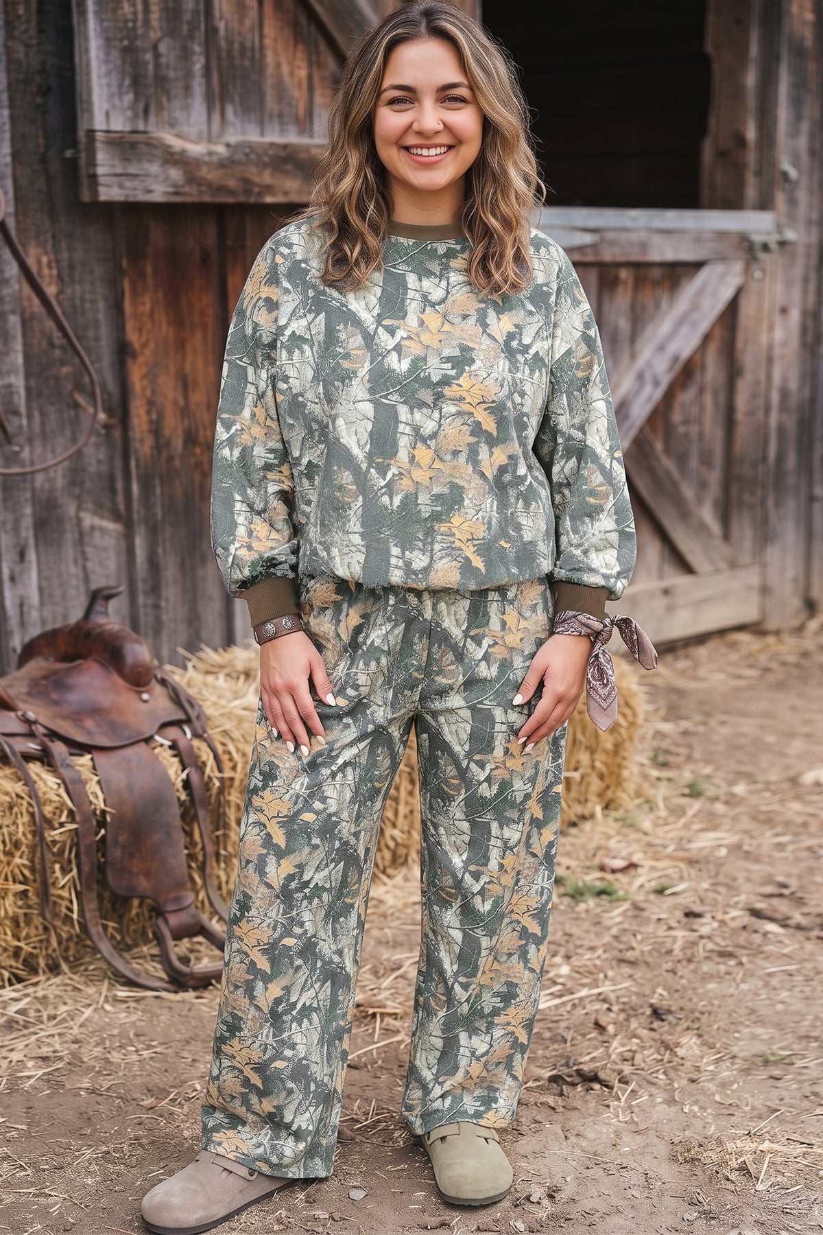 Brown Jungle Camouflage Print Ribbed Trim Long Sleeve Top Plus Size Pant Set