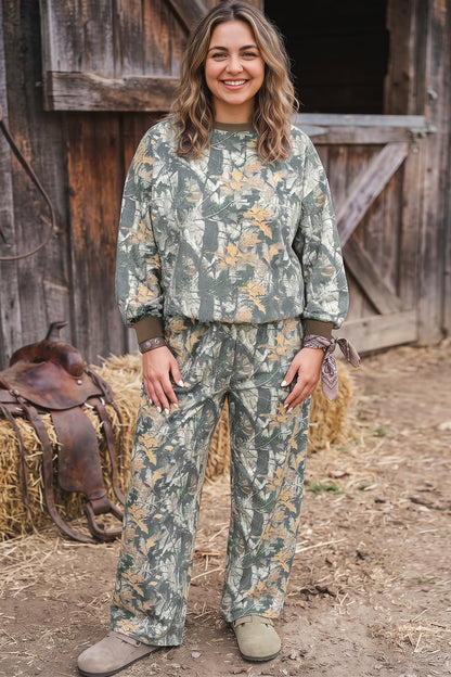 Brown Jungle Camouflage Print Ribbed Trim Long Sleeve Top Plus Size Pant Set