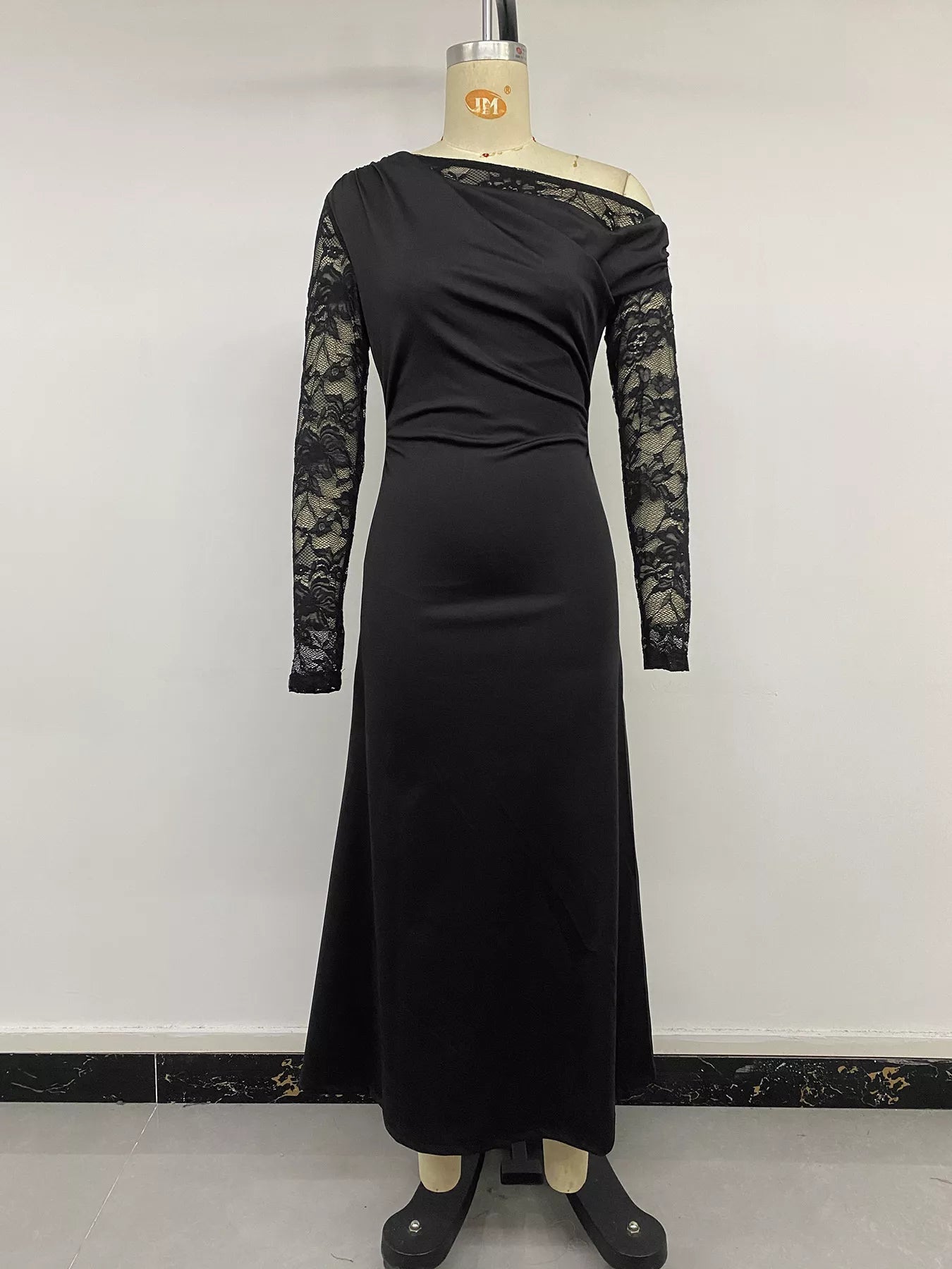 One-Shoulder Lace Sleeve Maxi Dress