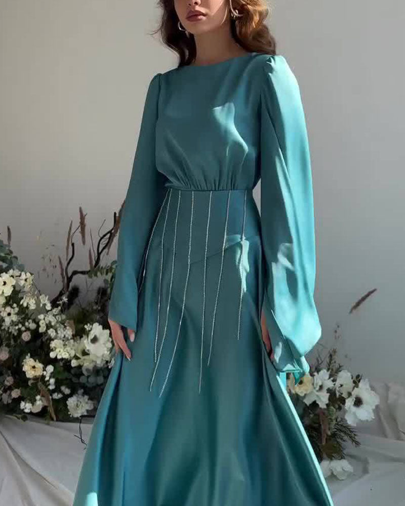 Belted waist bell sleeves full skirt dress