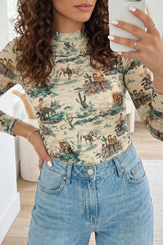 Green Western Print Long Sleeve Round Neck Slim Top