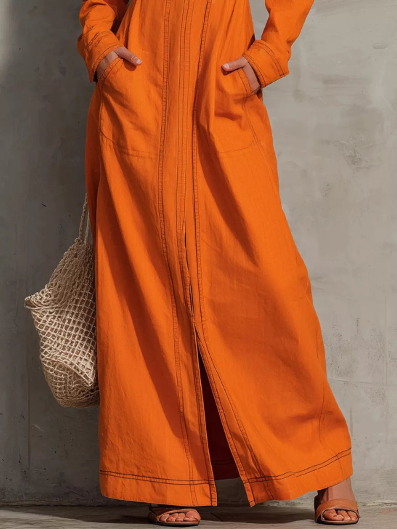 Slit Square Neck Long-Sleeve Maxi Dress