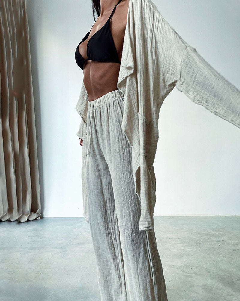 Cotton and linen long cardigan two-piece set