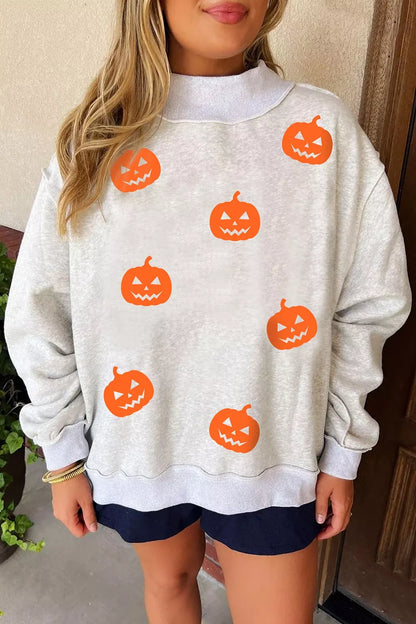 Halloween Pumpkin Face Print Mock Neck Reversible Sweatshirt