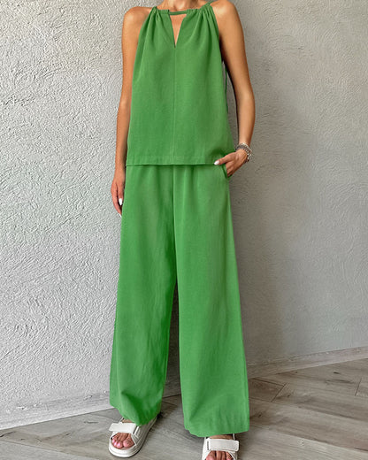 Cotton And Linen Cut-Out Lace-Up Vest & Wide-Leg Pants Two-Piece Set