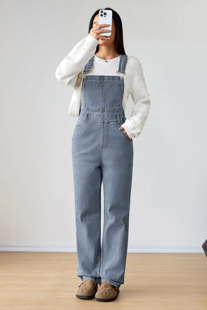 Dark Blue Retro Bib Pocket Buckle Straps Casual Denim Jumpsuit