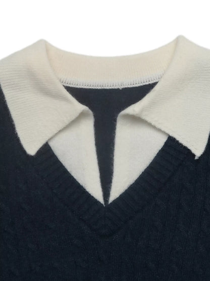 Cable Knit Contrast Collar Sweater