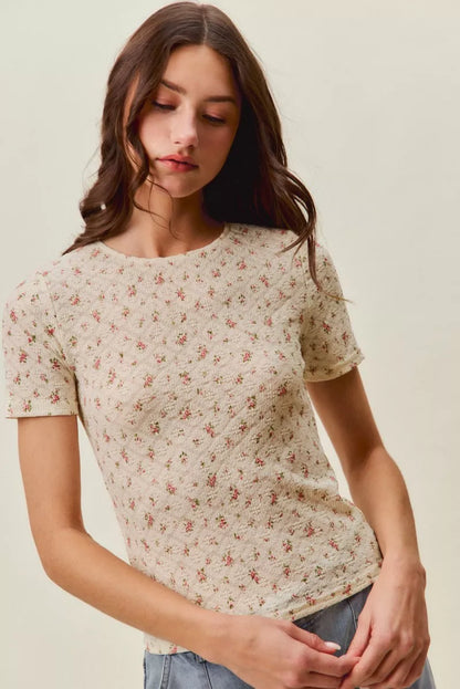 SO ME Floral Print Lace Short Sleeves Layering Knit Top