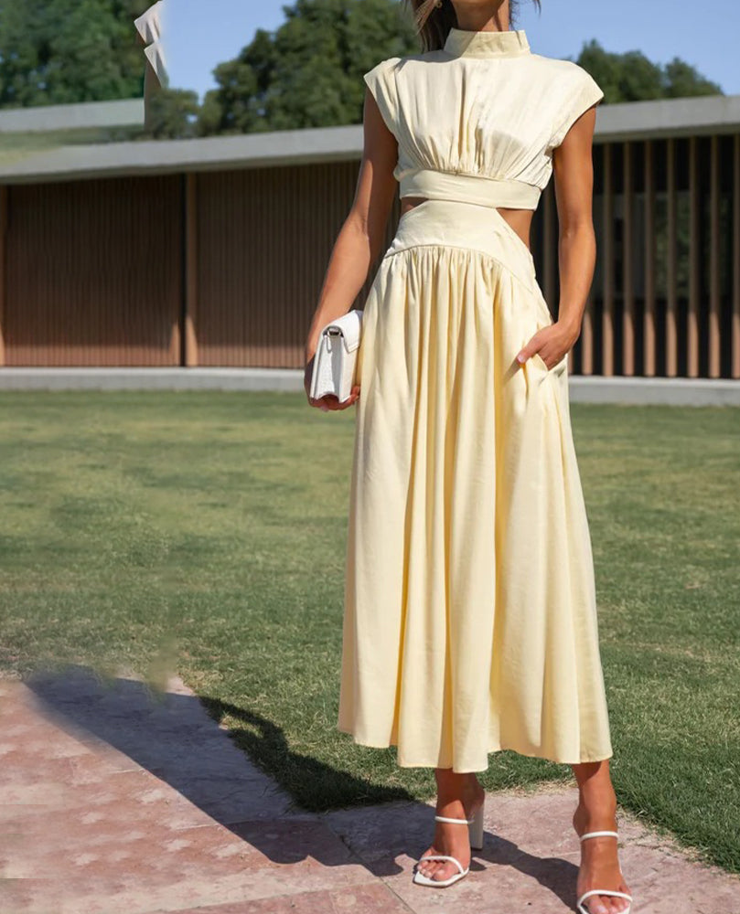 Chic Stand Collar Solid Color Sexy Waist Midi Dress