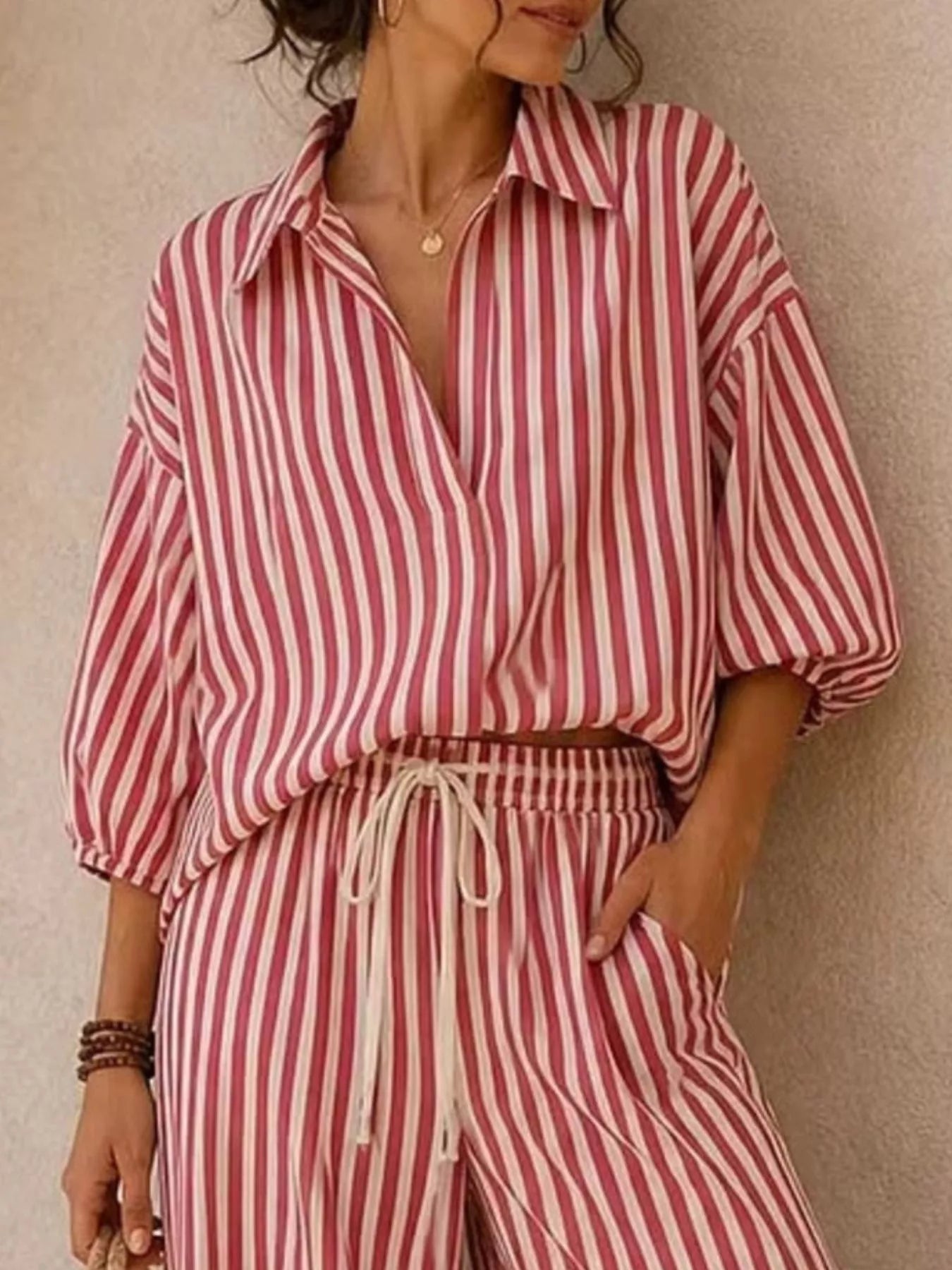 : Plus Size Striped Puff Sleeve Shirt & Wide-Leg Pants Set