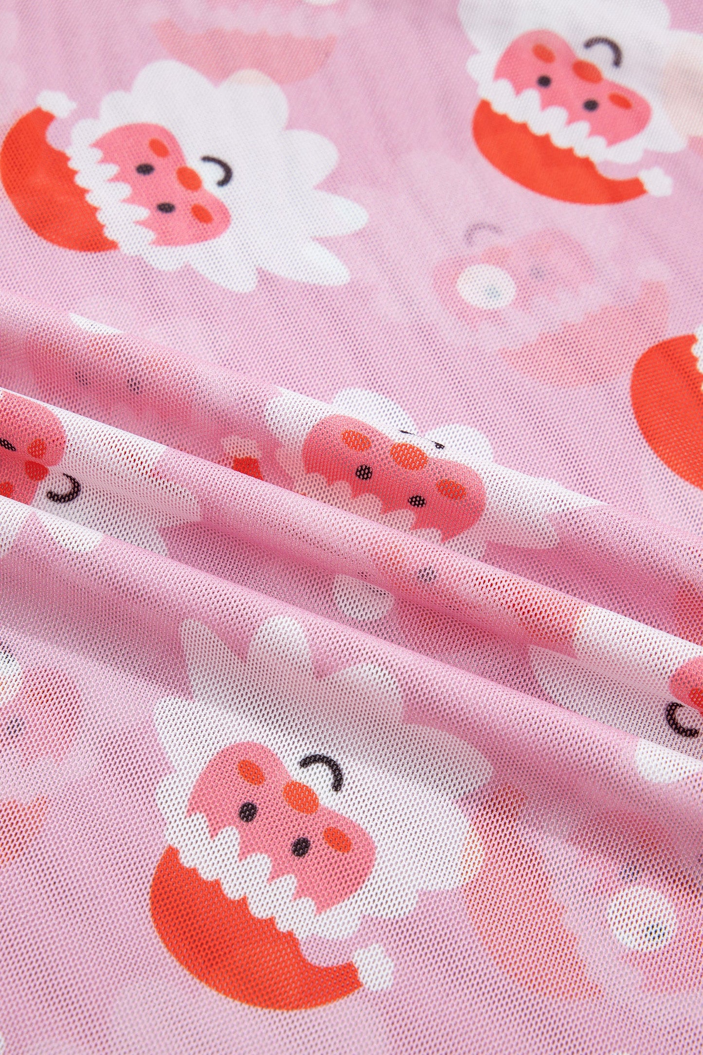 Pink Abstract Santa Print Stand Neck Sheath Long Sleeve Top
