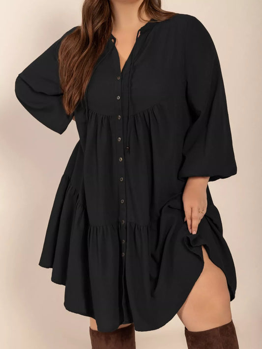 Plus Size Button Front Balloon Sleeve Dress