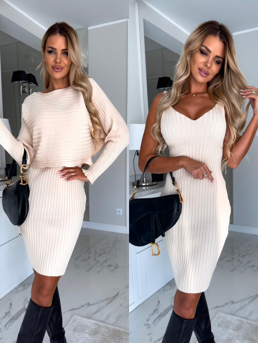 Rosiedress Ribbed Knit Long Sleeves Crop Pullover and Bodycon Cami Dress Set Beige