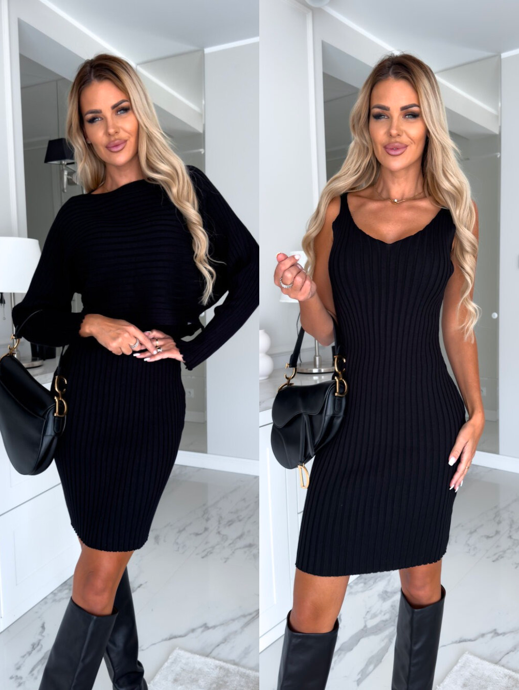 Ribbed Knit Long Sleeves Crop Pullover and Bodycon Cami Dress Set Black