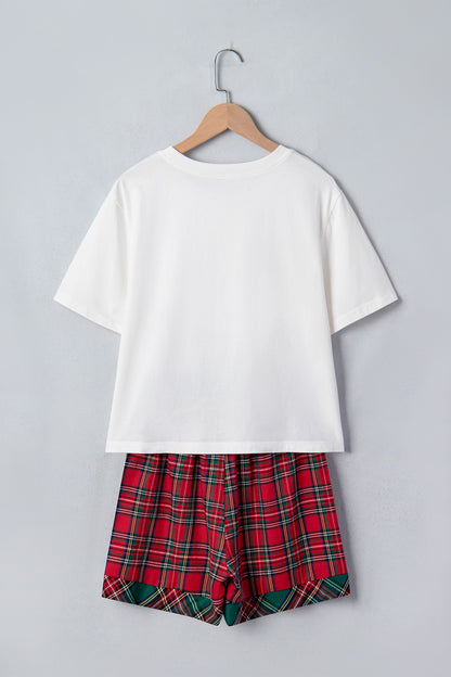 White Plaid Letter Print Short Sleeve Top Elastic Waist Pocket Shorts Lounge Set