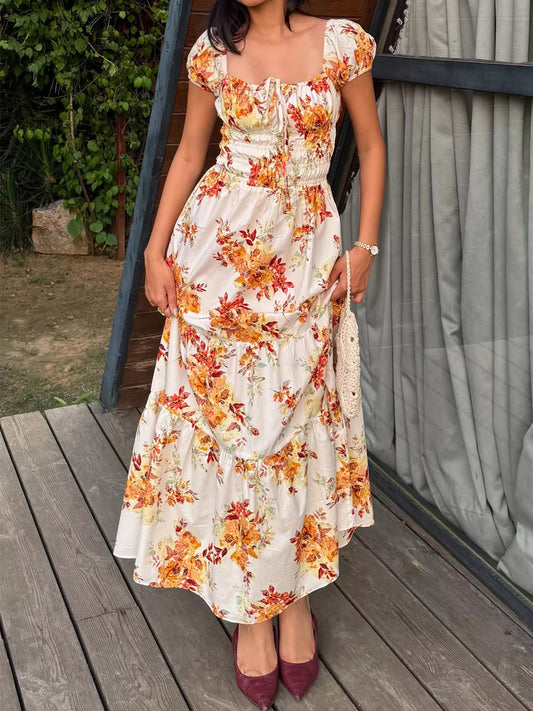 Floral Print Square Neck Puff Sleeve Maxi Dress