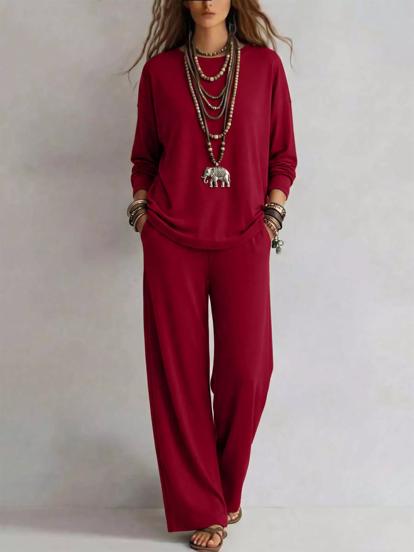 Round Neck T-Shirt and Wide-Leg Pants Set