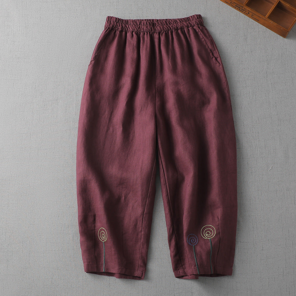 Cotton and linen cropped elastic waist casual pants