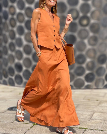 two piece set sleeveless v neck crop top and midi flared skirt suits