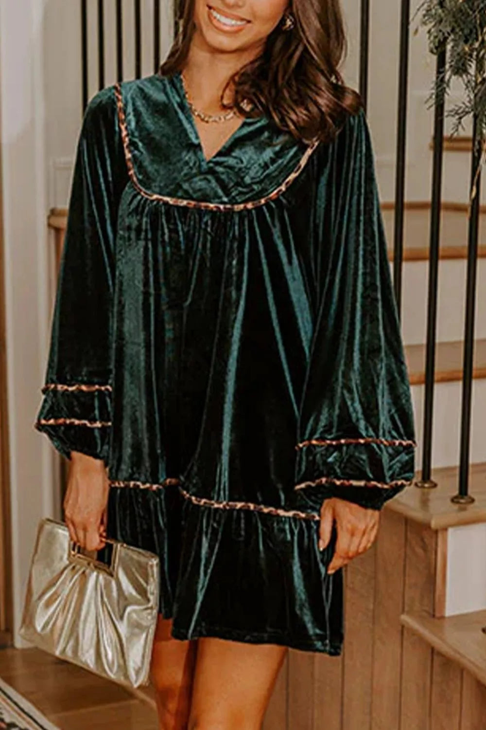 Leopard Trim Velvet Long Sleeve Shift Dress