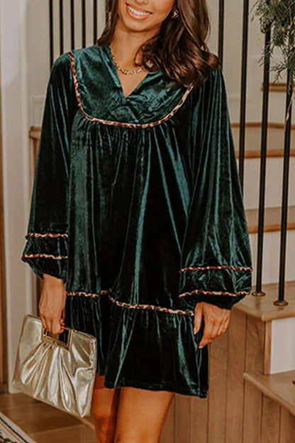 Leopard Trim Velvet Long Sleeve Shift Dress