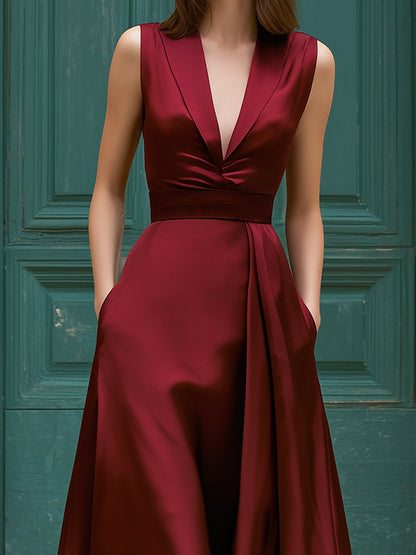 Red Satin Sleeveless V-Neck Midi Dress With Draped Skirt