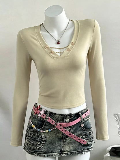 Decorative Pearl Buttons V-Neck Long Sleeve T-Shirt