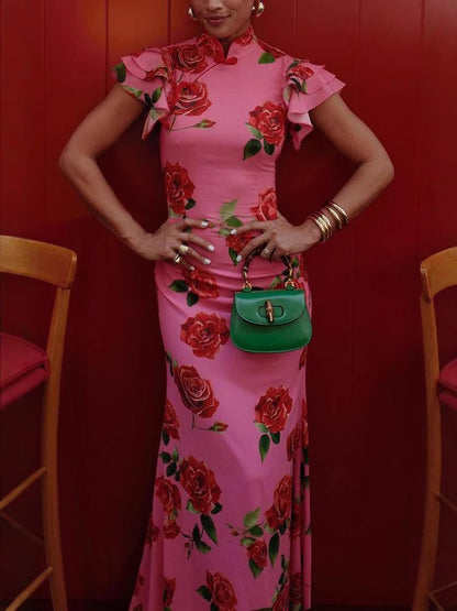 Robe longue extensible à manches évasées et à imprimé floral rose style cheongsam