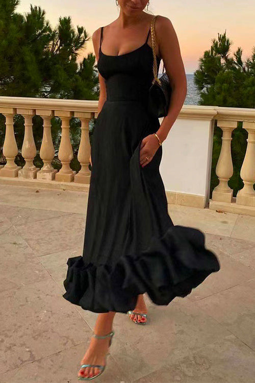 High Waist Ruffle Hem Swing Maxi Cami Party Dress Black