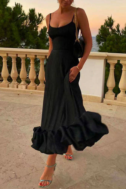 High Waist Ruffle Hem Swing Maxi Cami Party Dress Black