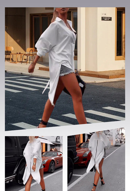 Solid color lapel slit casual shirt