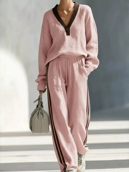 Contrast V-Neck Top and Striped Pants Set | Diva USA